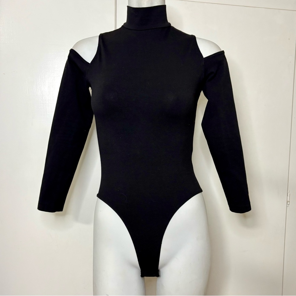 Vintage 90s Mock Neck Cold Shoulder Black Long Sleeve Bodysuit